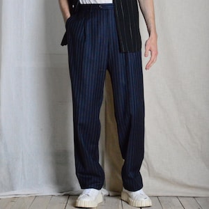 Vintage 80s Navy Blue Striped Wool Pleated Formal Mens Pants Waist 36 In Size Large