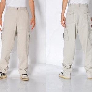 Y2K Beige Minimalist Work Wear Mens Cargo Pants With Pockets Waist Size 37 In L