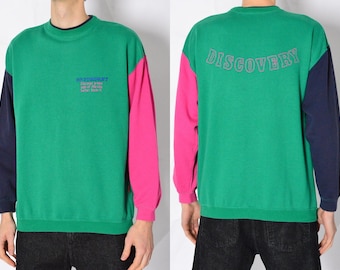 Vintage 90s Unisex Green Pink Colour Block Embroidered Discovery Sweatshirt Rave Jumper Size S