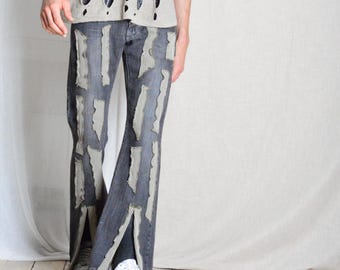 Y2K Reworked Unisex Grey Khaki Flare Jeans Grunge Pants Upcycled Waist size 29 In Small