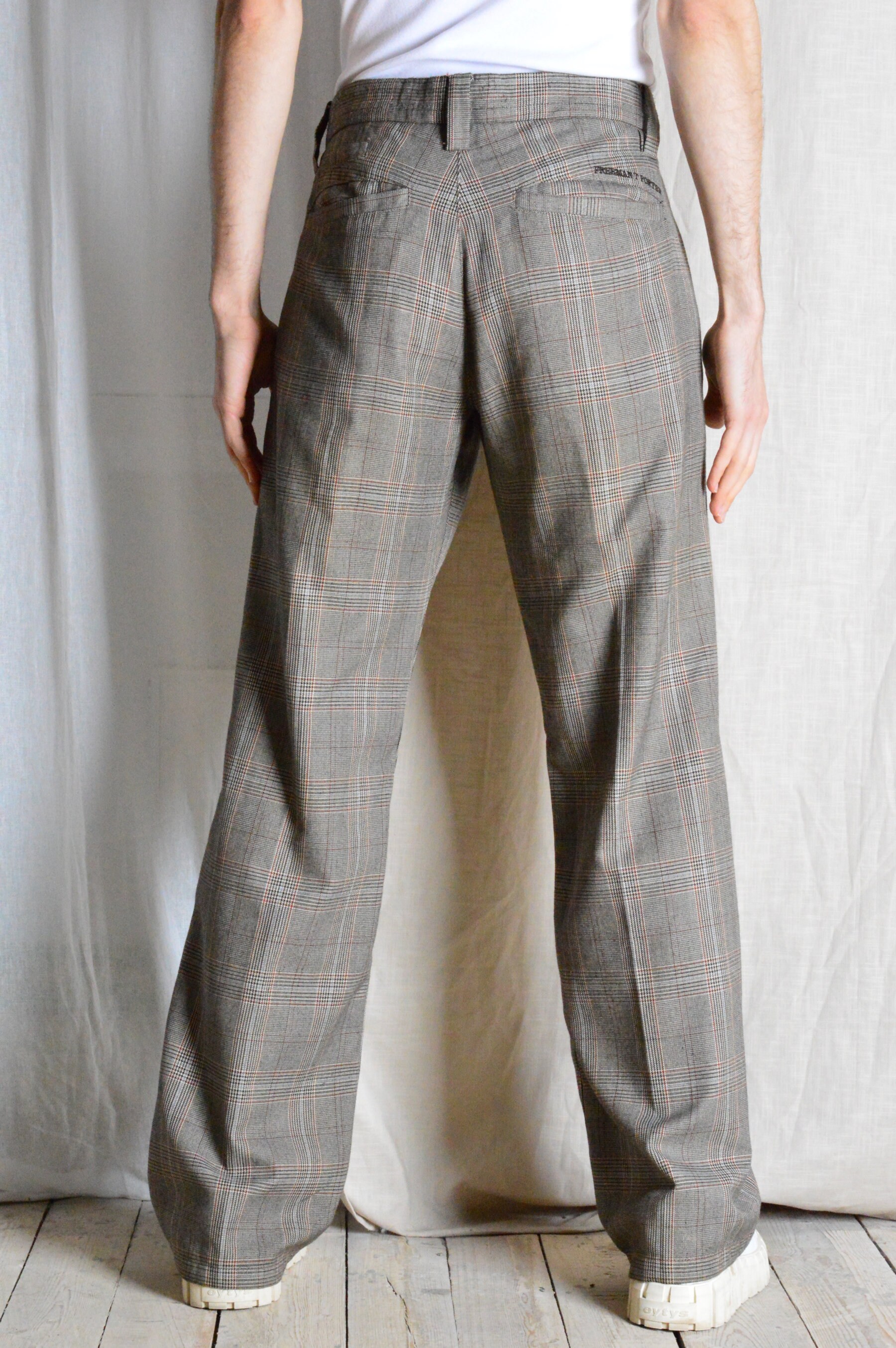 Vintage 90s Beige Brown Houndstooth Check Mens Pants Formal Preppy