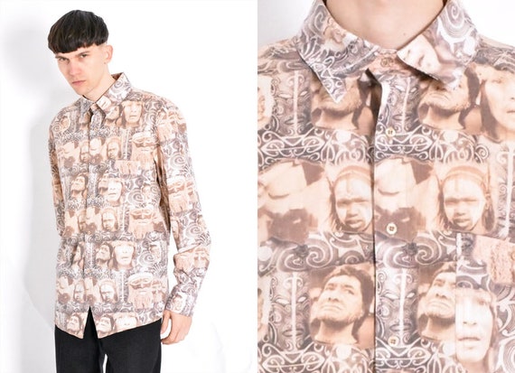 Vintage 90s Beige Graphic Human Face Grunge Crinkl