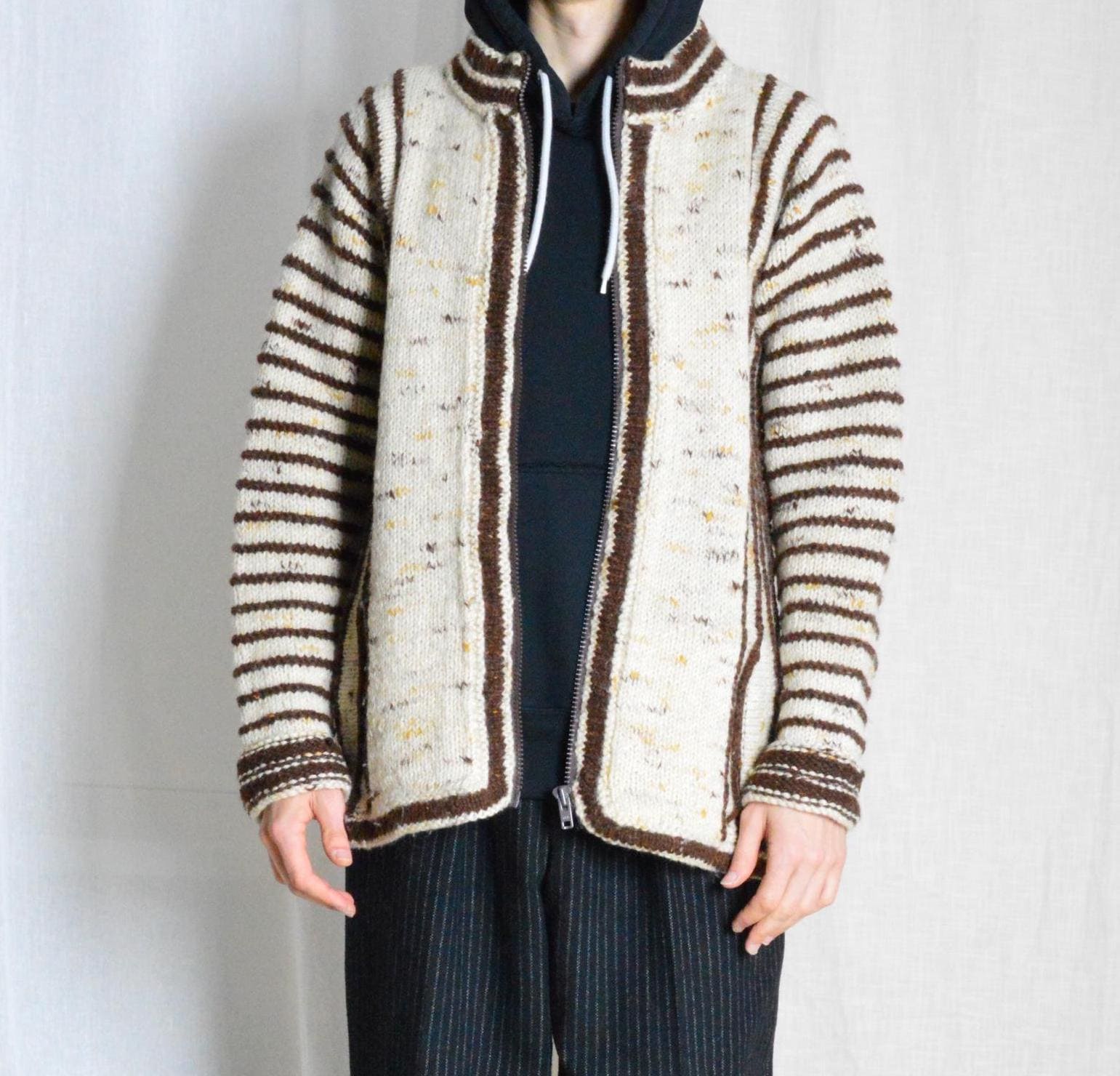 Vintage 70s Beige Brown Striped Thick Wool Blend Hand Knitted