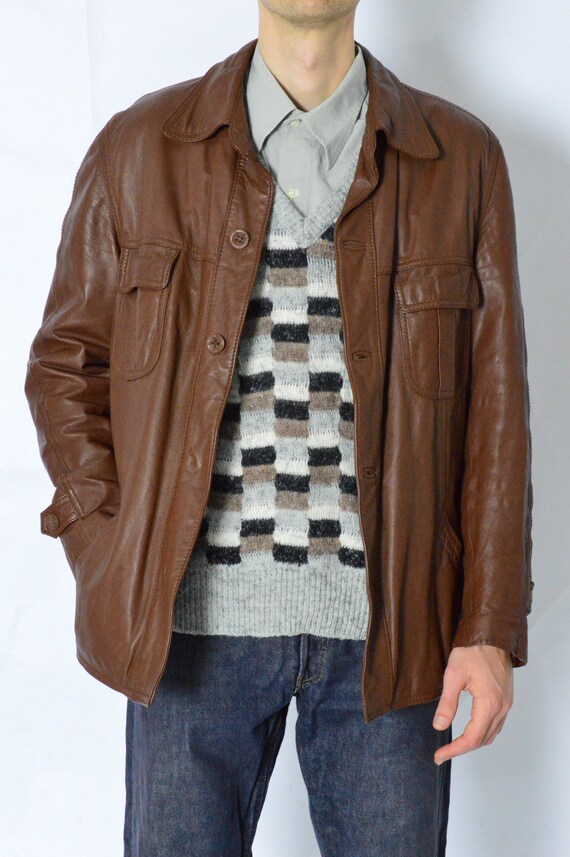 Vintage 70s Brown Minimalist Leather Jacket Size M - image 4