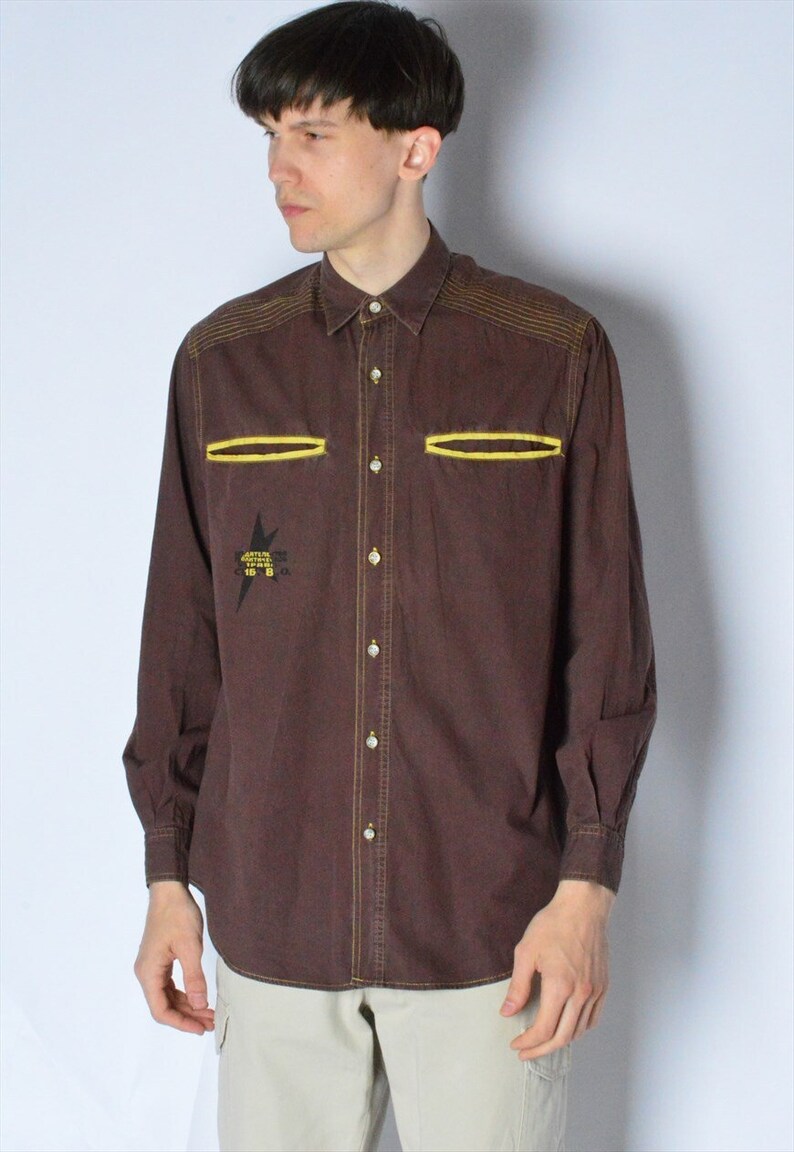 Vintage 90s Brown Graphic Grunge Long Sleeve Shirt Size S
