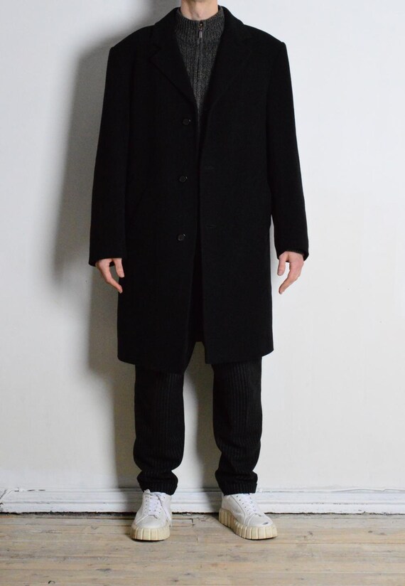 Vintage 90s Black Minimalist Formal Wool Blend Mens Coat Formal Overcoat Size XL