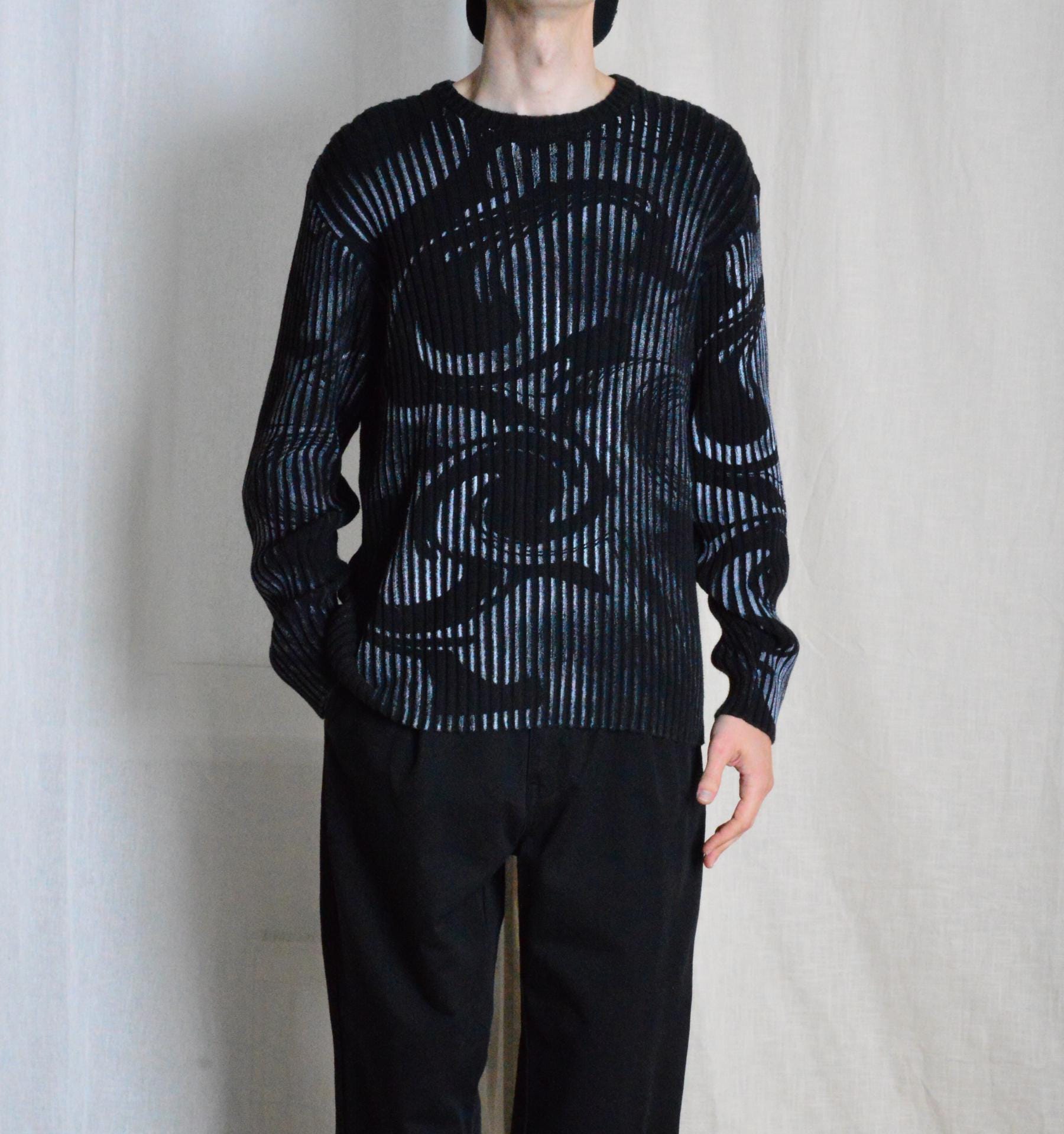 Y2K Black Gray Ribbed Knit Abstract Gothic Grunge Cotton Mens