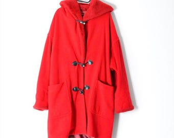 Vintage 90s Red Lodenfrey Wool Duffle Coat: Oversized Hooded