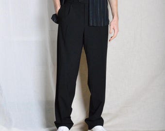 Pantaloni da uomo vintage anni '90 in misto lana, formali, minimalisti, neri, con pieghe, stile preppy, taglia 35, taglia L