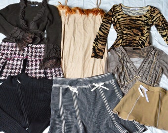 Op de afbeelding: Assortiment dameskleding, waaronder een bruine trui met ruchesmouwen, een pied-de-poule rok, een zwarte vest met ritssluiting, een beige camisole met veren, een top met tijgerprint, een grijze versierde top en shorts en rokken.