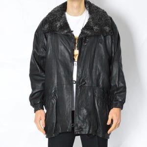 Vintage 80s Retro Unisex Black Grunge Gothic Leather Duffle Coat Size Medium M