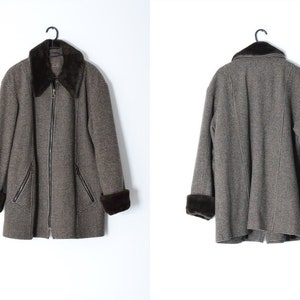 Vintage 90s Brown Faux Fur Wool Blend Zipper Coat Womens Jacket Size XL