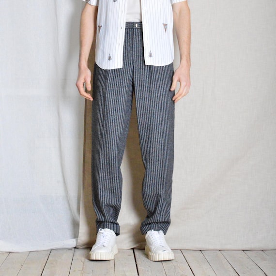 パンツ 90's wide striped slacks archive Vintage 70s Gray Striped High Waist Pleated Mens Pants Formal