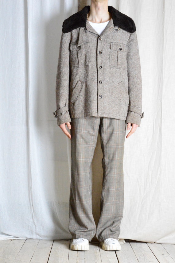 Vintage 90s Beige Brown Houndstooth Check Mens Pants Formal Preppy