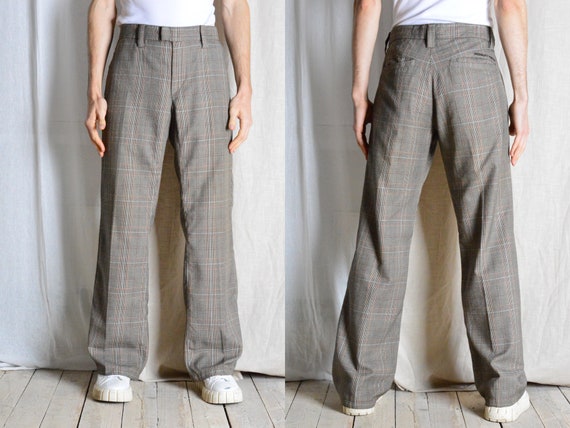Vintage 90s Beige Brown Houndstooth Check Mens Pants Formal Preppy