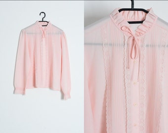 Vintage 70er Pastell Rosa Romantische Cottage Core Bluse Damen Shirt Gr. M