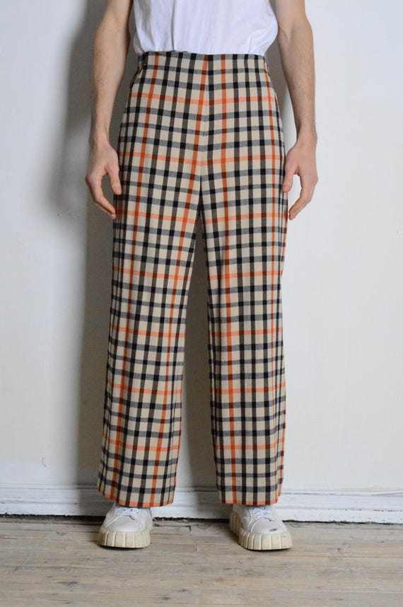 Y2K Vintage Beige Black Orange Unisex Pants Plaid Check Wide Leg