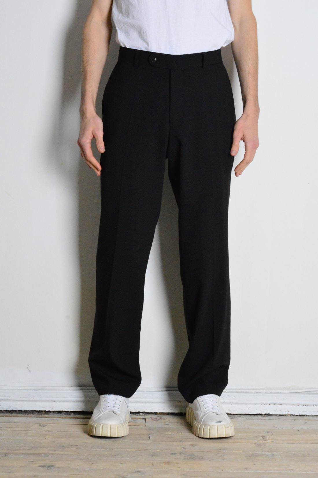 Vintage 90s Black Minimalist Striped Wool Blend Formal Officecore