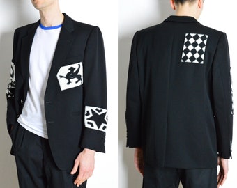 Vintage 90s Reworked Black Blazer With Fleece Dragon Check Patches Size Medium