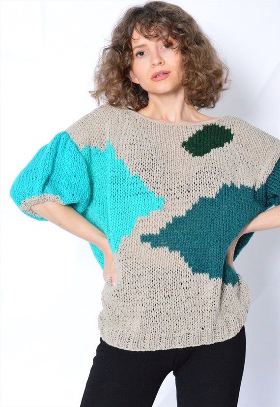 Y2K Beige Green Knit Abstract Cow Print Top Size … - image 2