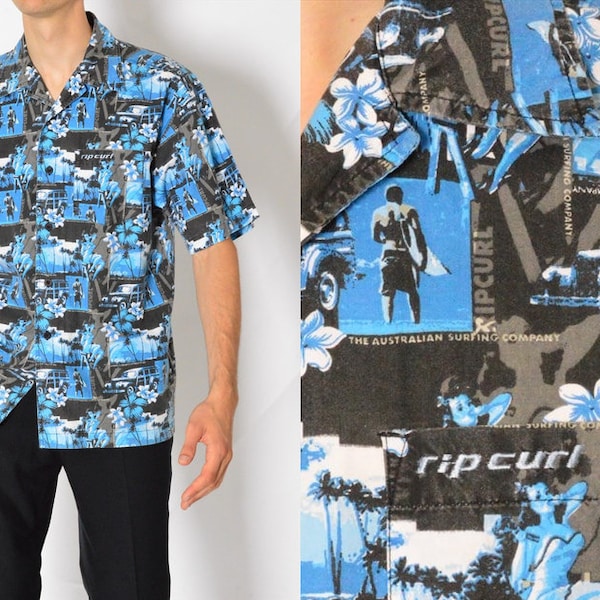 Y2K Rip Curl Blue Surf Hawaii Kurzärmeliges Relax Fit Shirt Gr. S