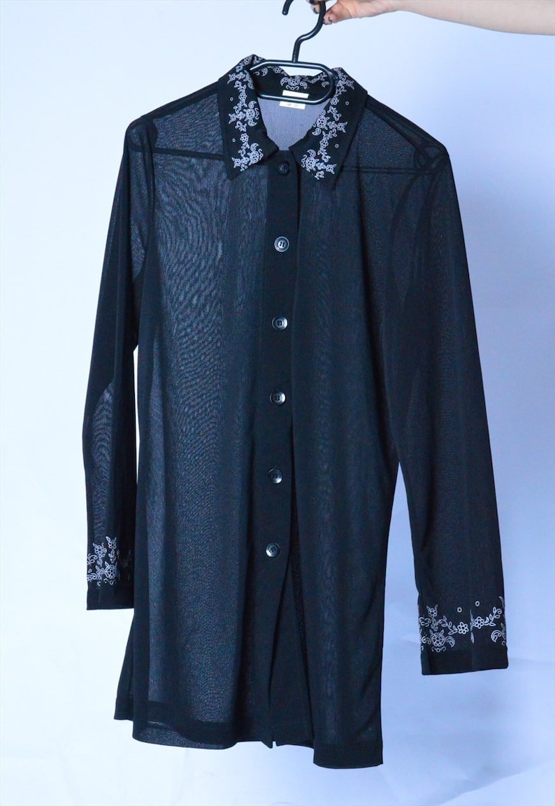Vintage 90s Black See Through Flower Long Sleeve Festival Boho Blouse M Size Medium