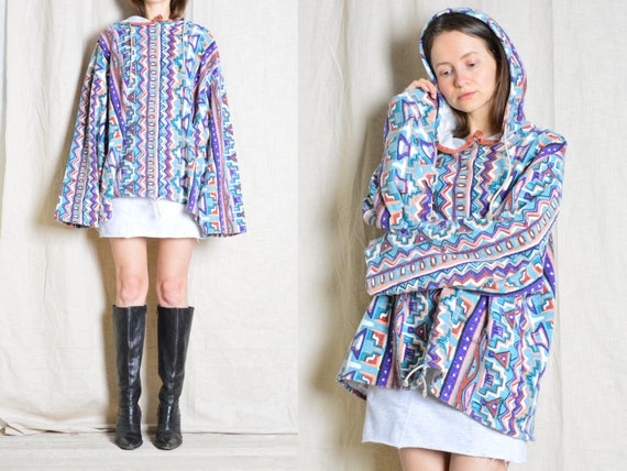 Vintage 80s Colourful Aztec Ornamental Zig Zag Print Hoodie Size 