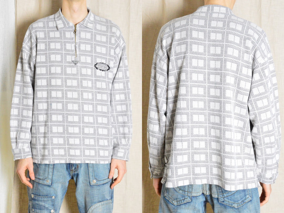 Vintage 80s Grey White Check Zipper Long Sleeve Shirt Size XL