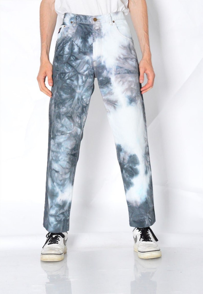 Vintage 90s Reworked Gray White Tie Dye Jeans Mens Denim Pants Etsy