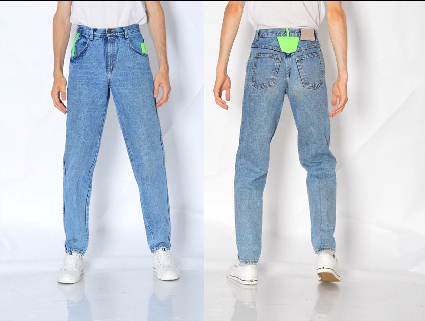 lugtfri Himlen sponsor Vintage 80s Unisex Blue Neon Green Detail High Waist Jeans - Etsy