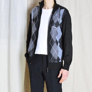 Vintage 90s Black Grey Argyle Zipper Cardigan Mens Formal Preppy Jacket Size Medium M