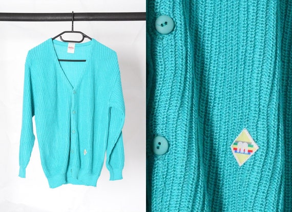 Vintage 70s Turquoise Blue Ribbed Knit Cardigan S… - image 1