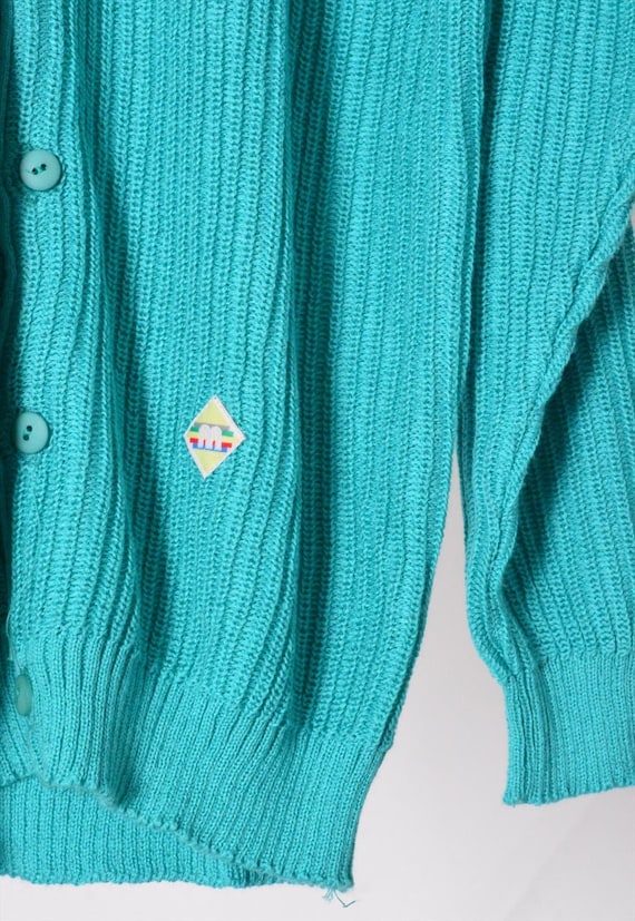 Vintage 70s Turquoise Blue Ribbed Knit Cardigan S… - image 3