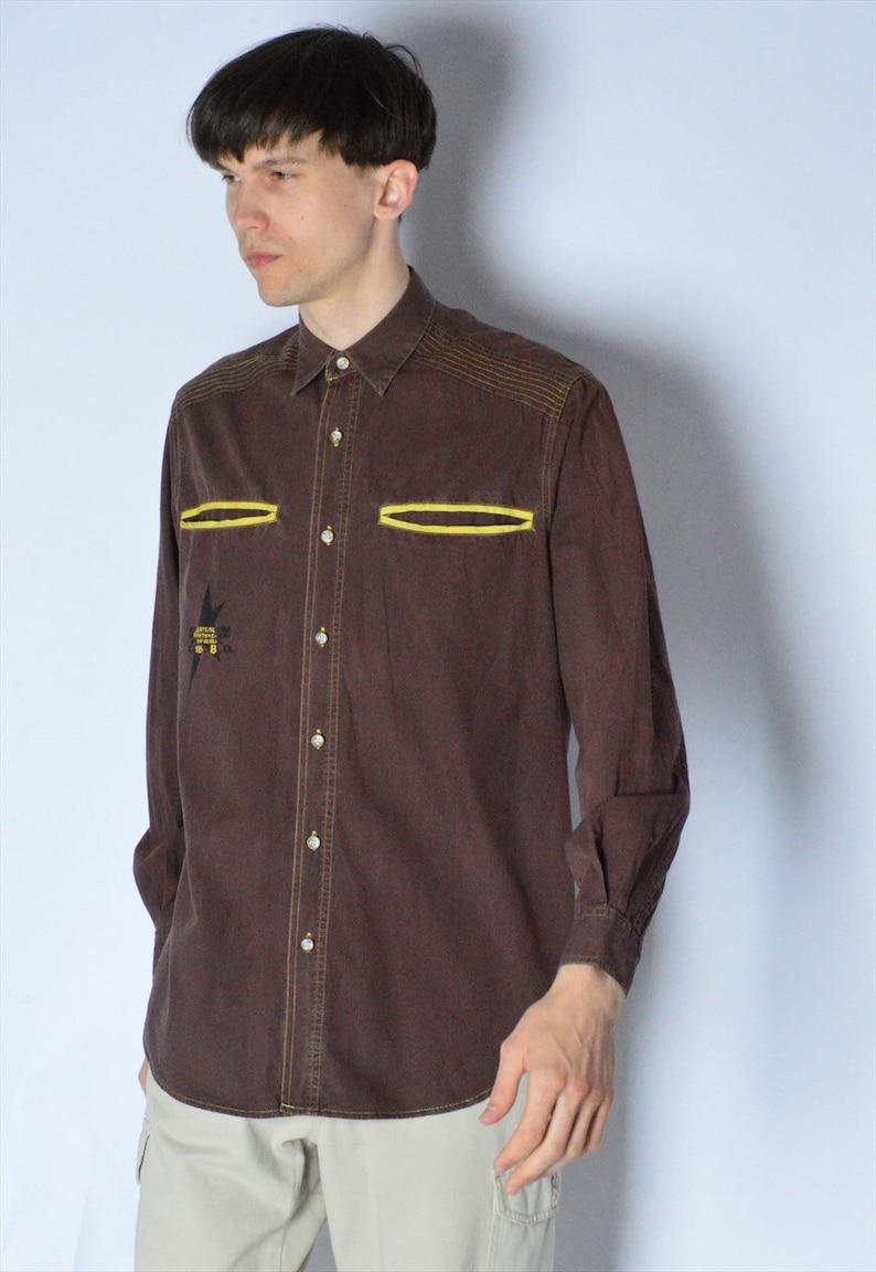 Vintage 90s Brown Graphic Grunge Long Sleeve Shirt Size S