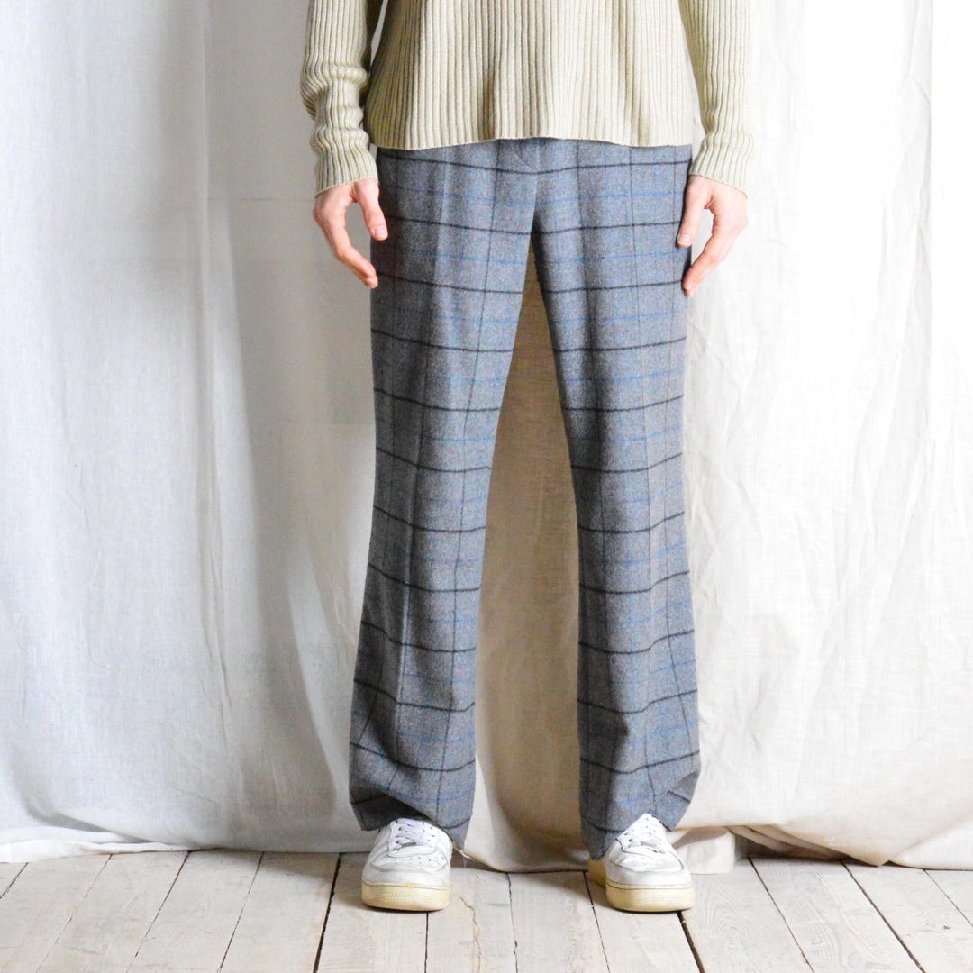 Y2K Vintage Unisex Grey Check Wool Blend Preppy Pants Formal Trousers ...