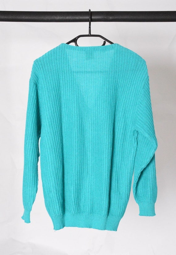 Vintage 70s Turquoise Blue Ribbed Knit Cardigan S… - image 4