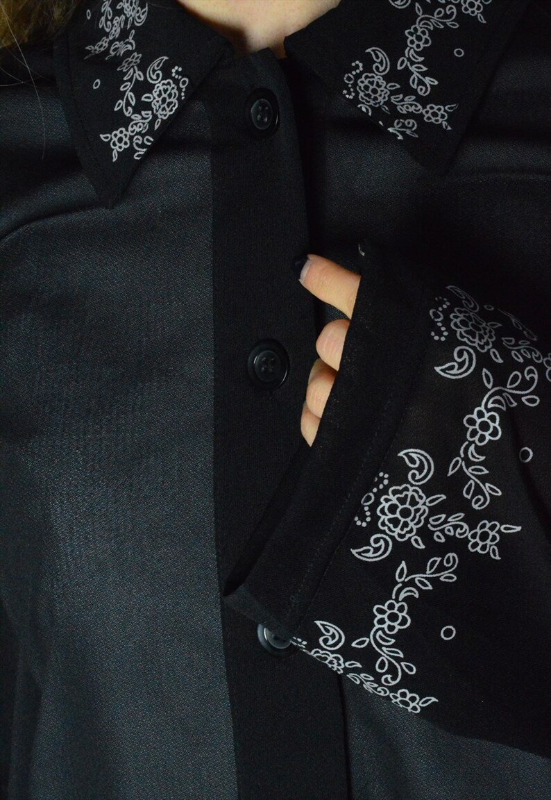 Vintage 90s Black See Through Flower Long Sleeve Festival Boho Blouse M Size Medium