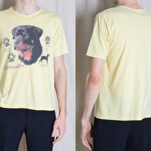 T-shirt vintage des années 80 pour chien rottweiler jaune pastel graphique taille S