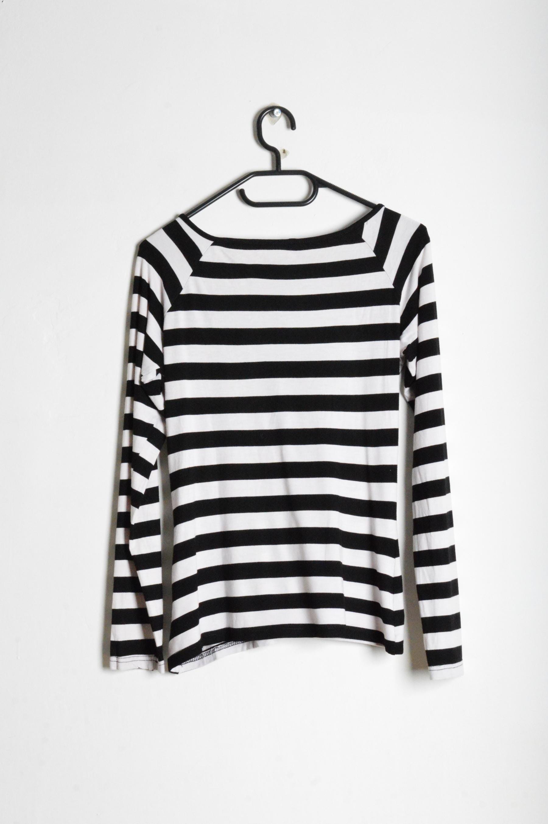 Y2K Black White Striped V-neck Long Sleeve Grunge Womens Top Size