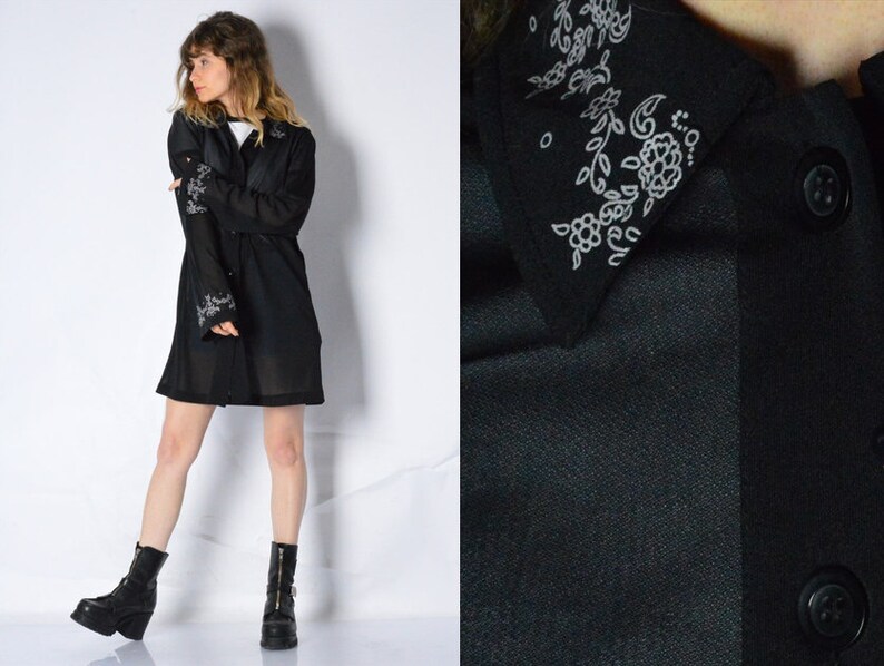 Vintage 90s Black See Through Flower Long Sleeve Festival Boho Blouse M Size Medium
