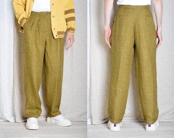 Vintage 90s Unisex Khaki Brown Houndstooth Check Linen High Waisted Pleated Pants