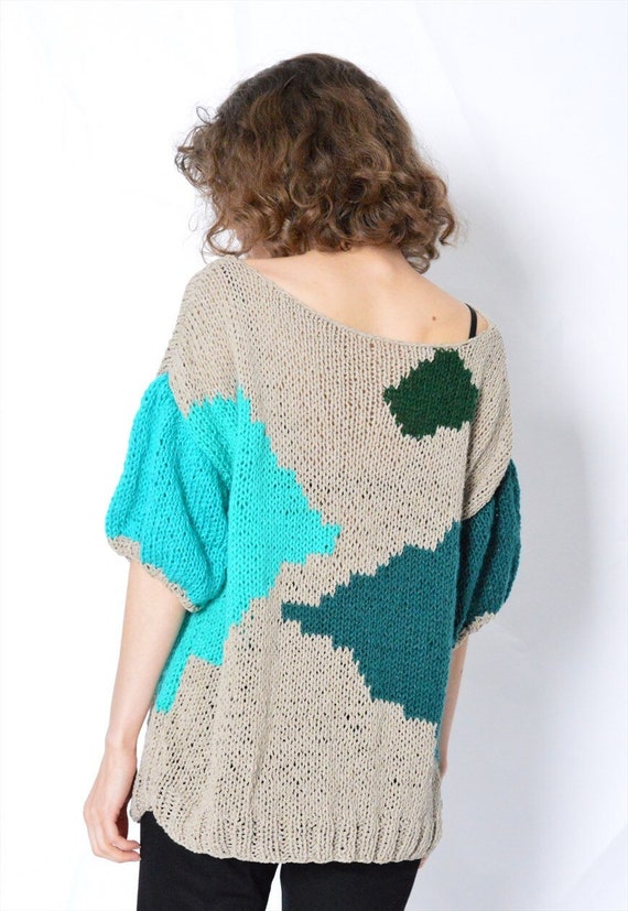 Y2K Beige Green Knit Abstract Cow Print Top Size … - image 3