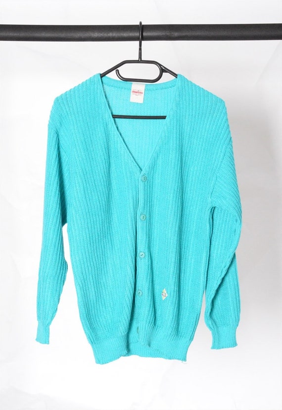 Vintage 70s Turquoise Blue Ribbed Knit Cardigan S… - image 2