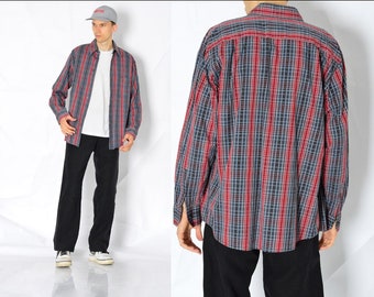 Y2K Vintage Red Grey Blue Check Grunge Long Sleeve Mens Button Shirt Size XL