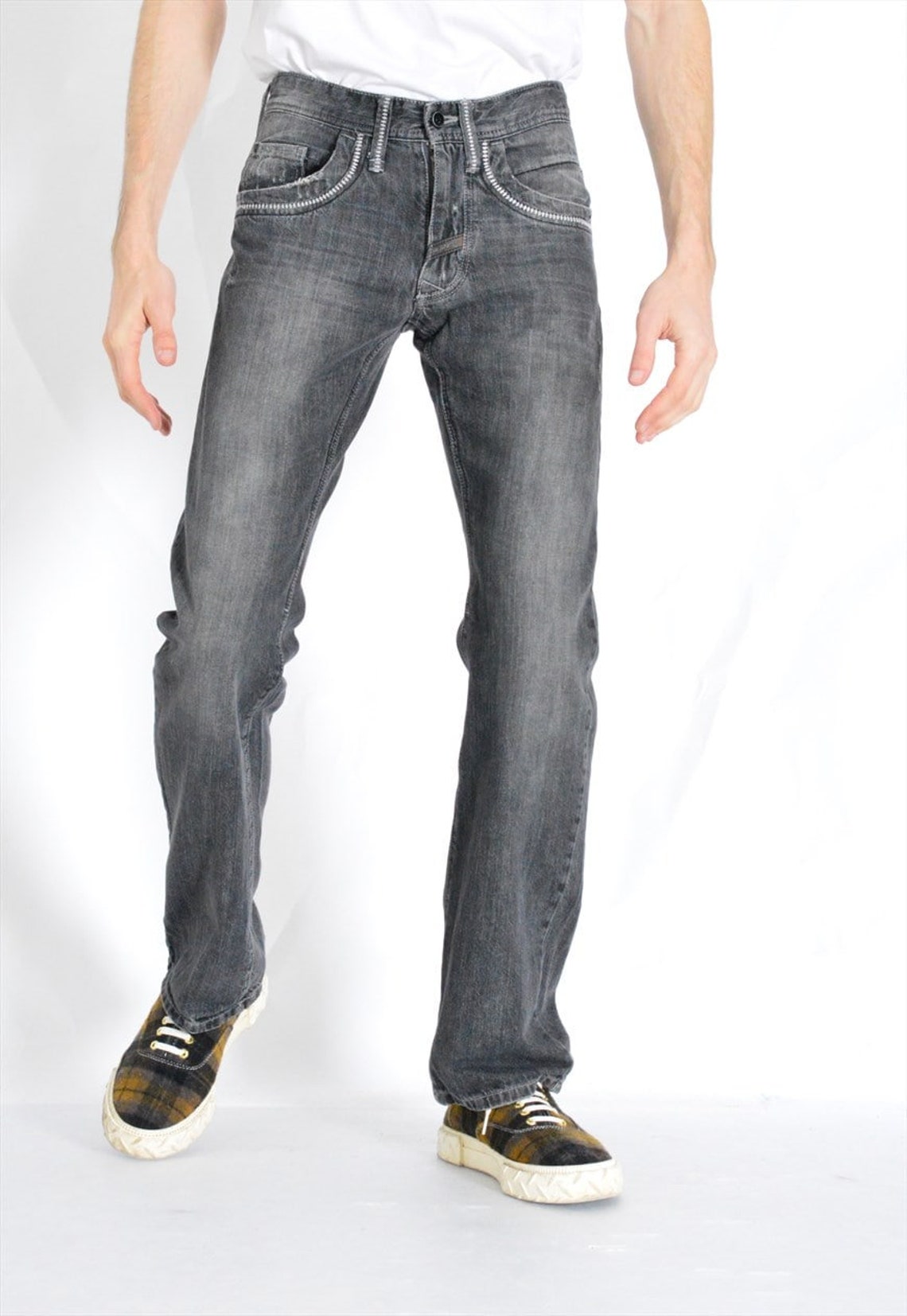 Y2K Vintage Faded Gray Distressed Jeans Mens Denim Pants Waist Etsy