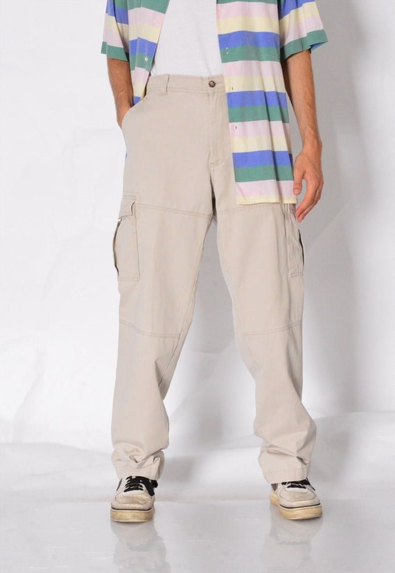 Y2K Beige Minimalist Work Wear Mens Cargo Pants Waist… Gem