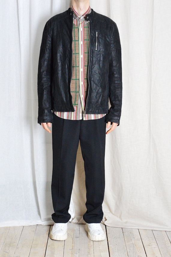Y2K Black Grunge Racing Style Grunge Rocker Zipper Mens Leather