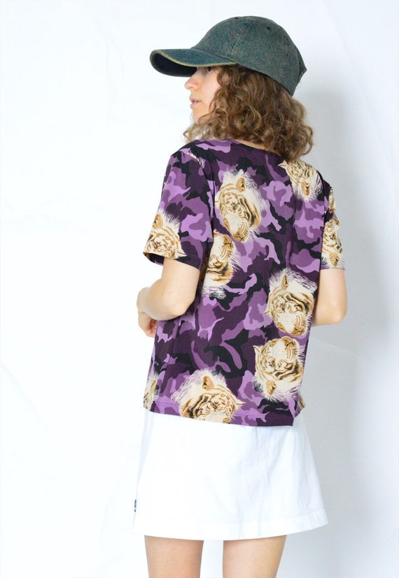 Vintage 90s Purple Beige Camo Tiger Top Womens Sh… - image 3