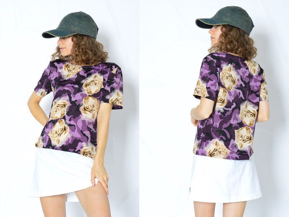 Vintage 90s Purple Beige Camo Tiger Top Womens Sh… - image 1