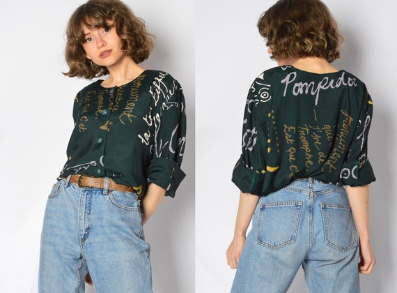 Vintage 80s Forest Green Graphic Text Blouse Women